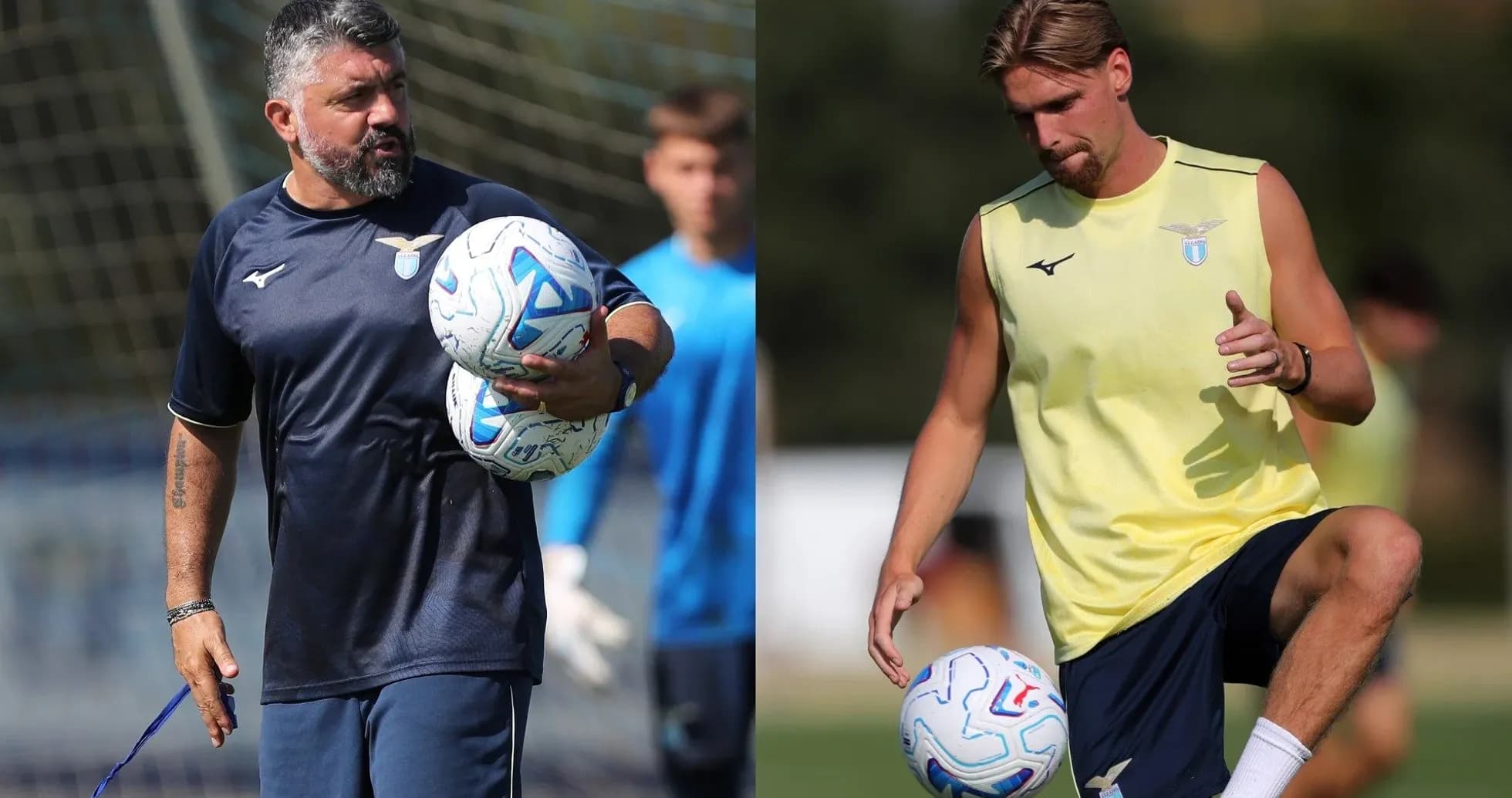 Coach holding soccer balls, player training with ball Coach holding soccer balls, player training with ball