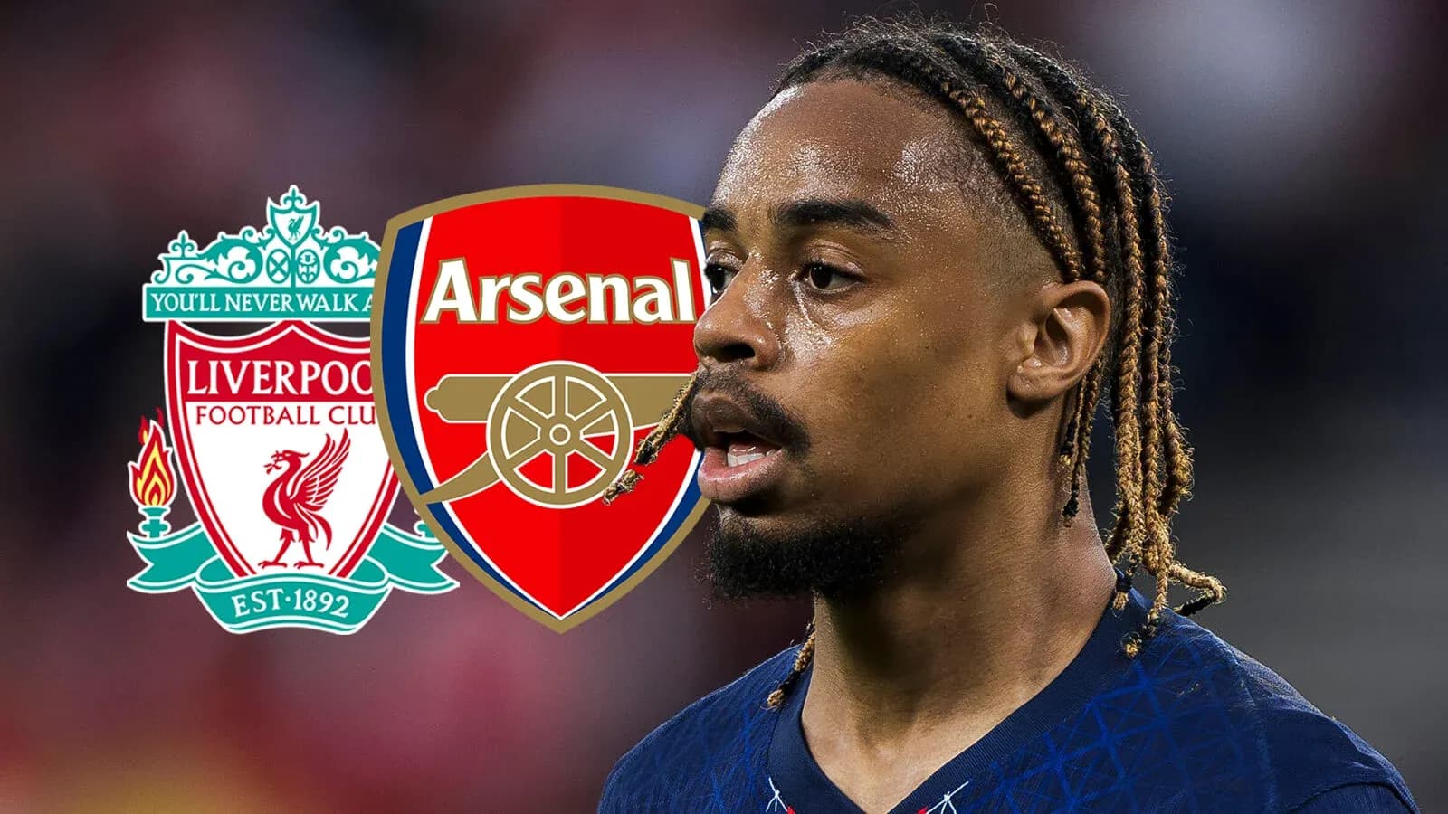 Player with Liverpool and Arsenal logos in background Player with Liverpool and Arsenal logos in background