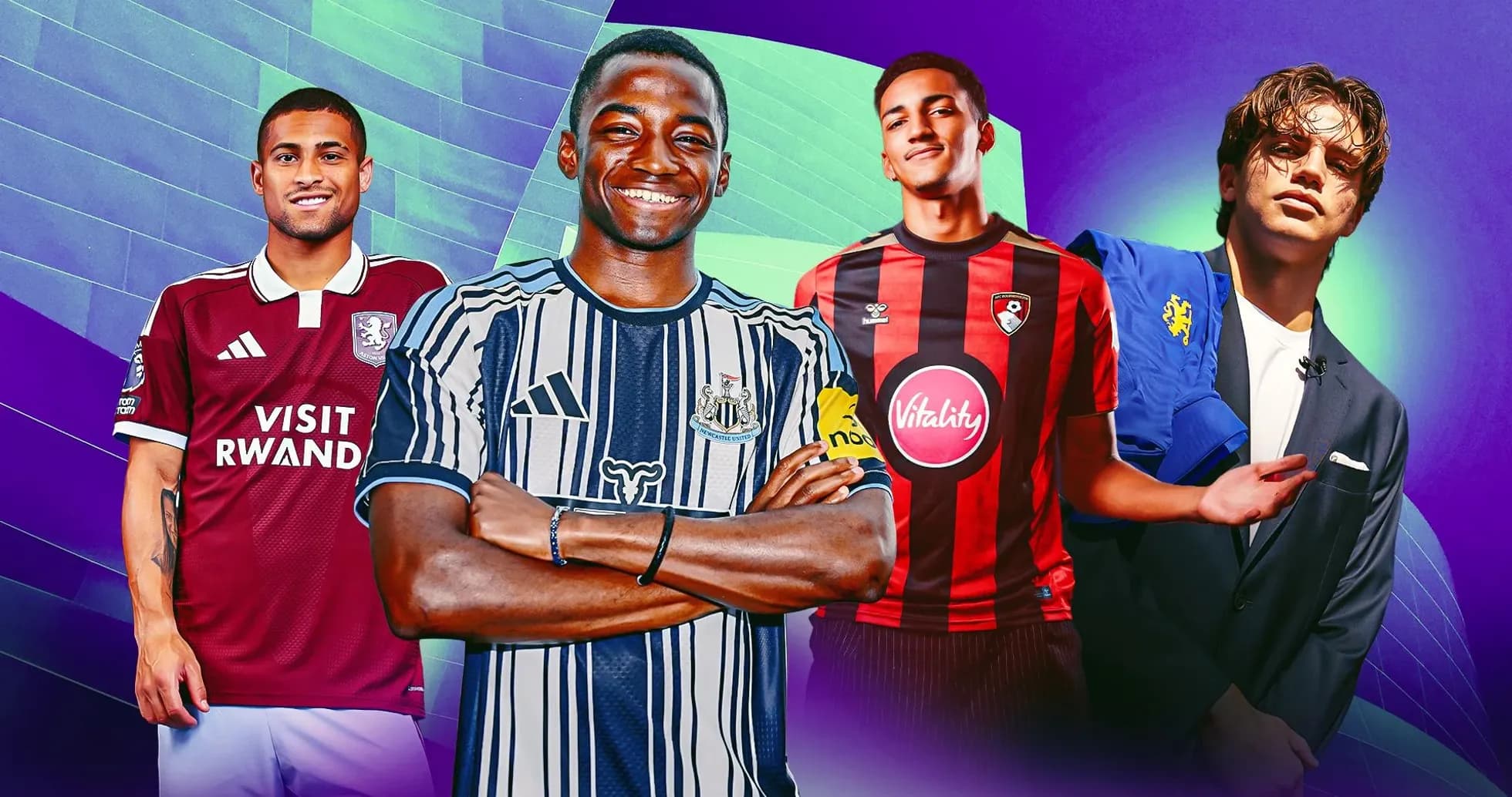 Four football players in club jerseys posing together Four football players in club jerseys posing together