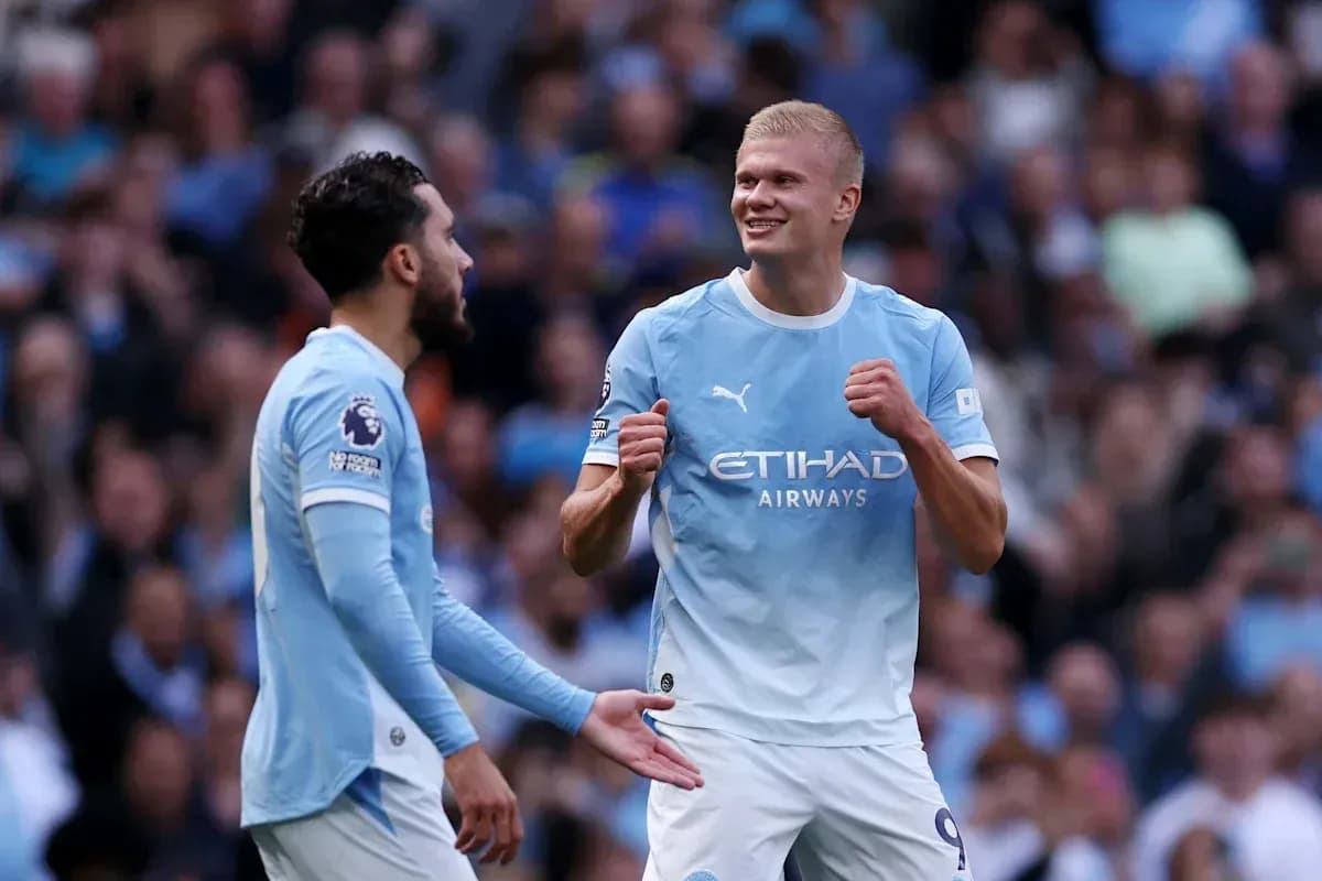 Manchester City players celebrating on the pitch Manchester City players celebrating on the pitch
