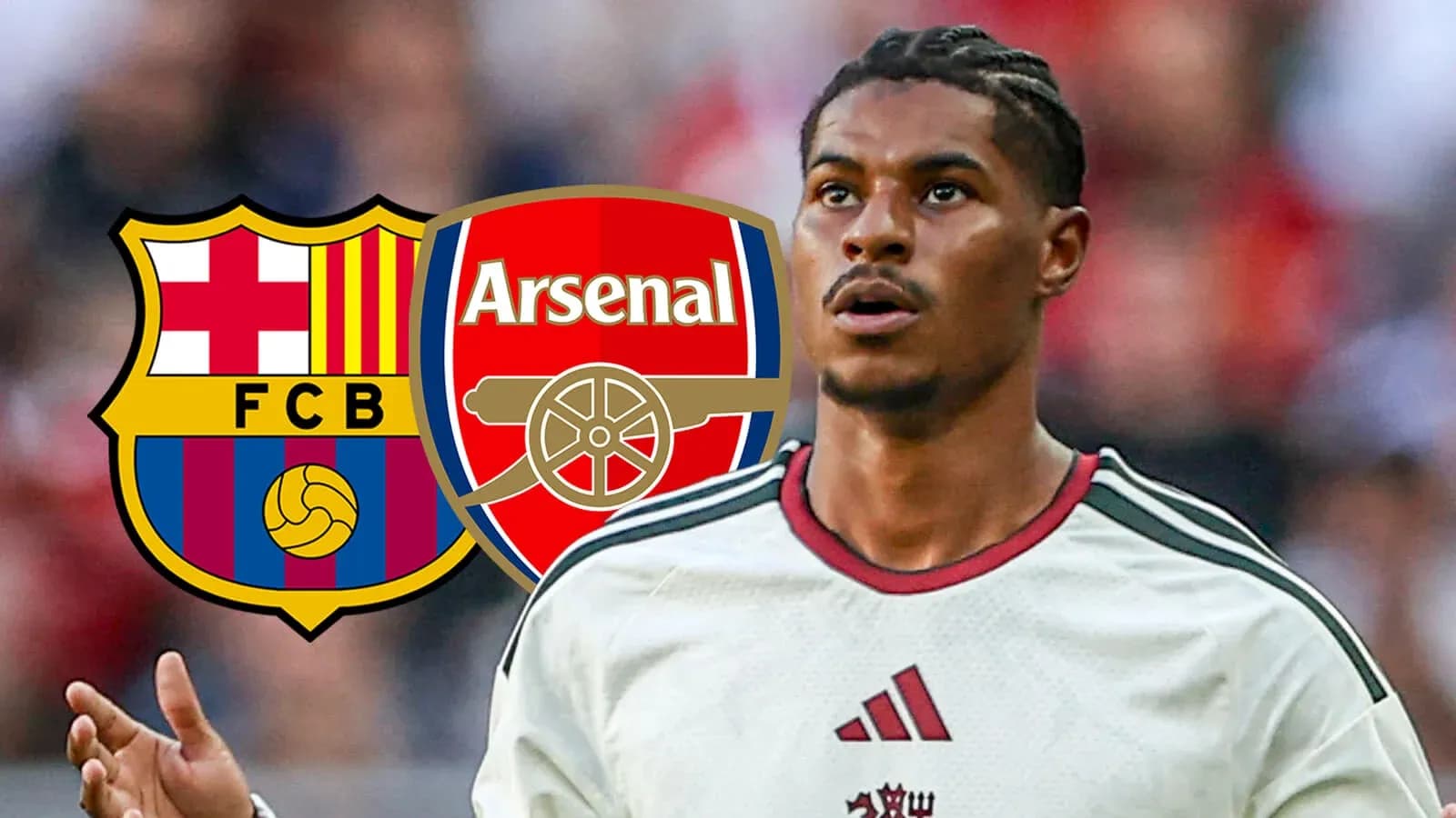Player with Barcelona and Arsenal logos in background Player with Barcelona and Arsenal logos in background