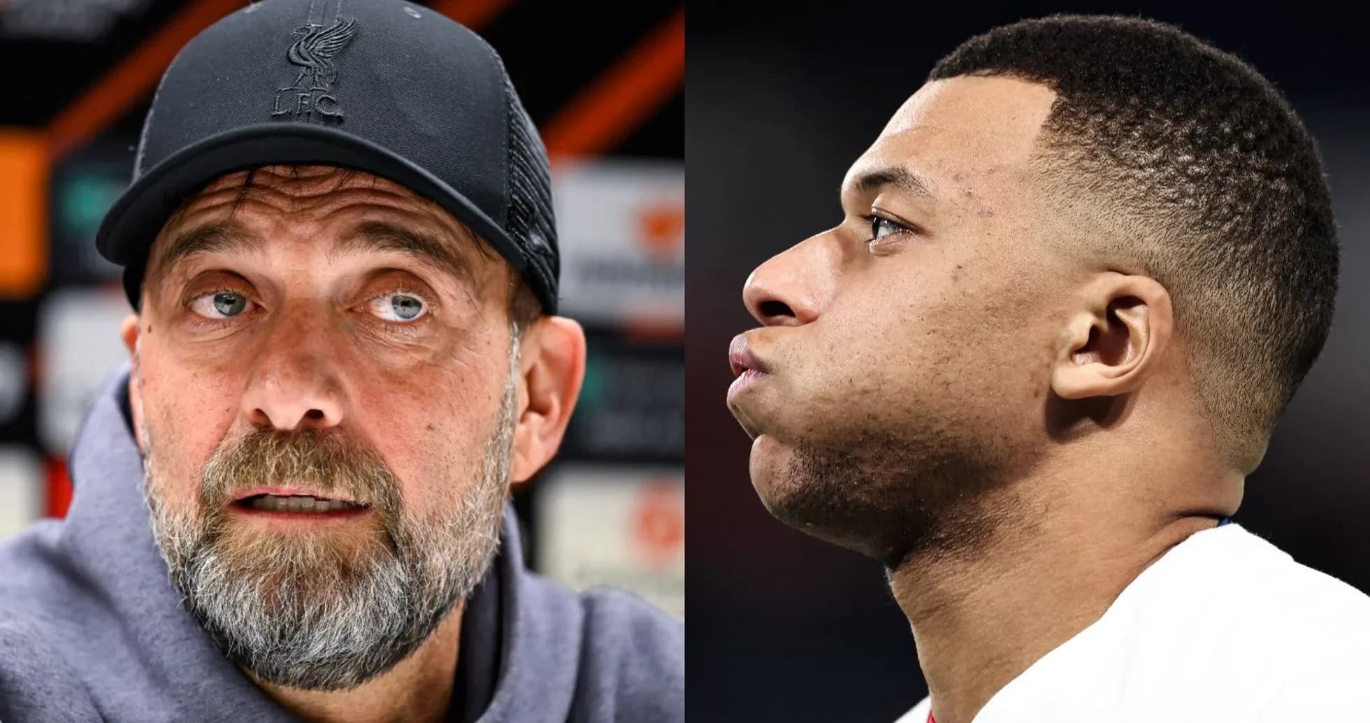 Juergen Klopp and Kylian Mbappe in separate portraits Juergen Klopp and Kylian Mbappe in separate portraits