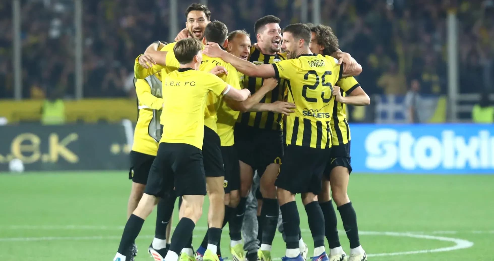 AEK Athens FC players celebrating a goal AEK Athens FC players celebrating a goal
