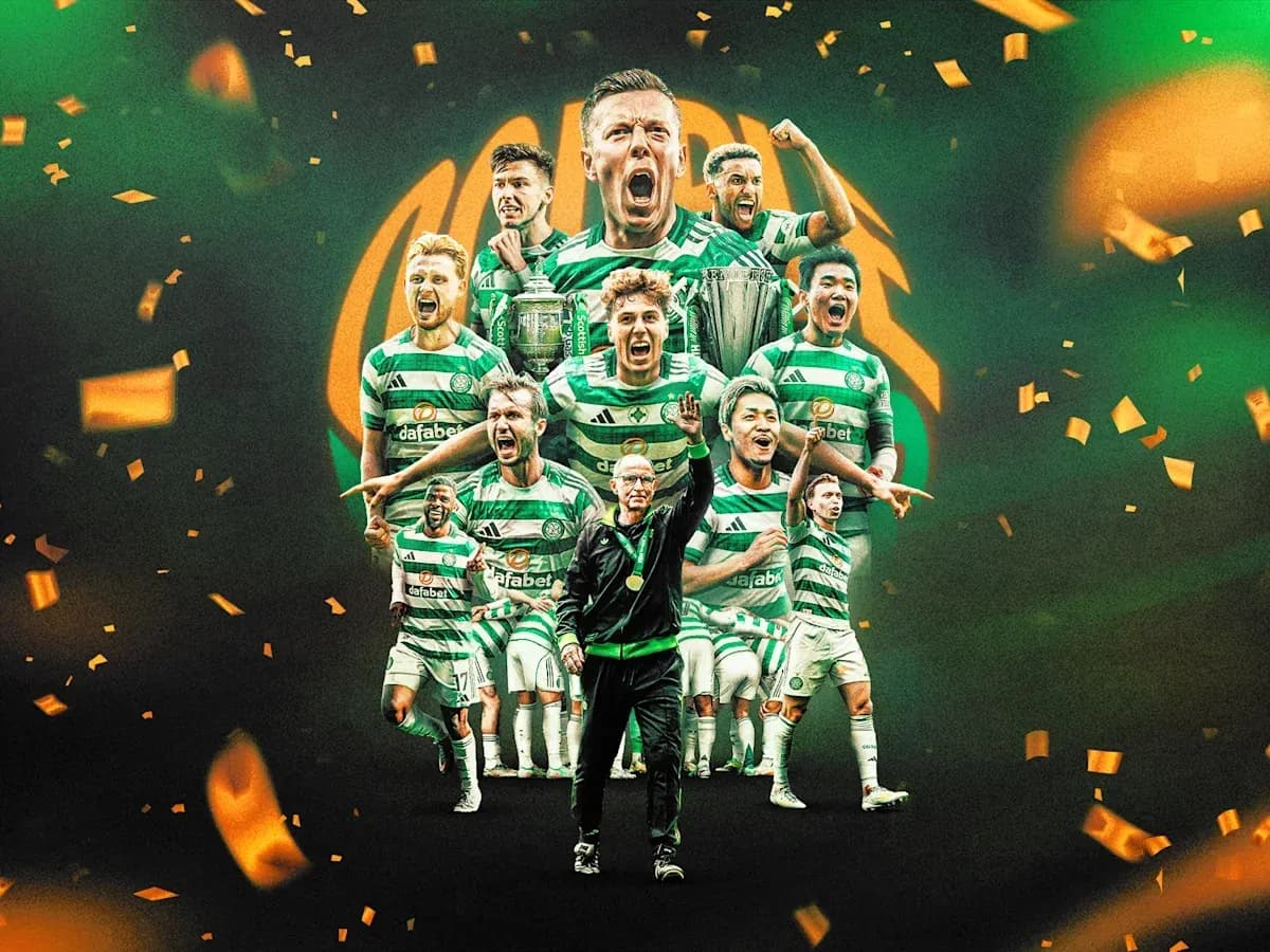 Celtic players celebrating with trophy and confetti Celtic players celebrating with trophy and confetti