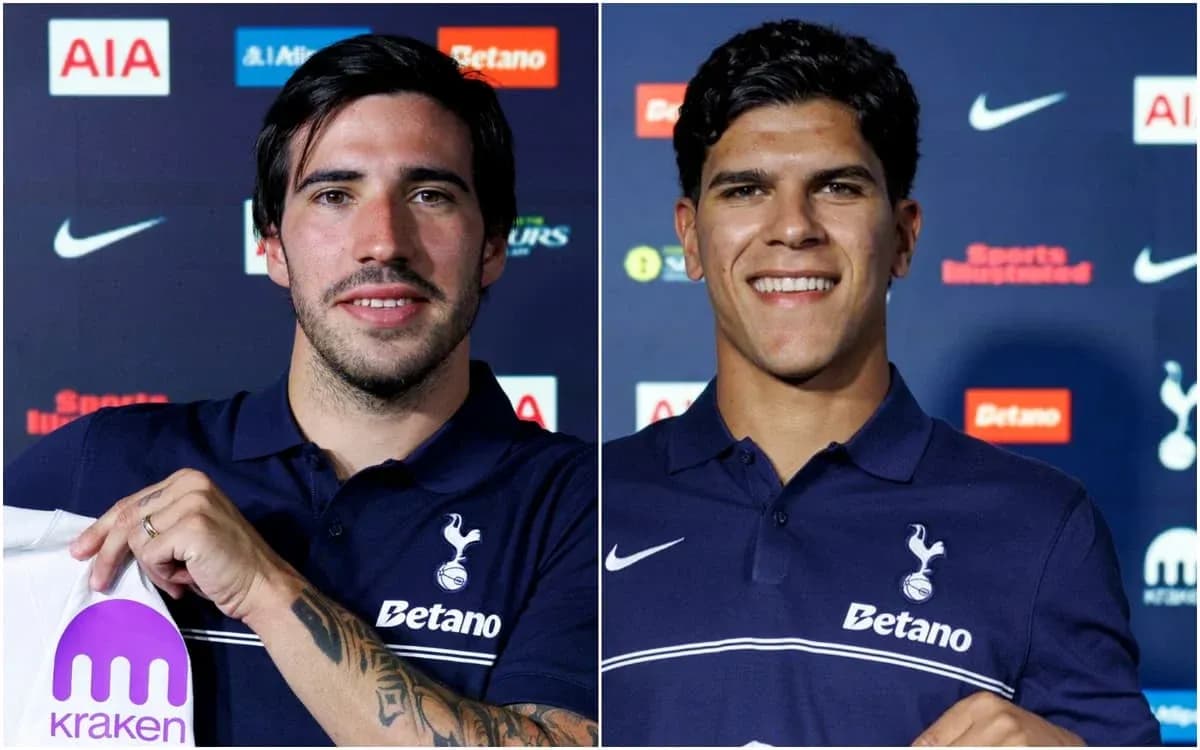 Two players presenting shirts at Tottenham press event Two players presenting shirts at Tottenham press event