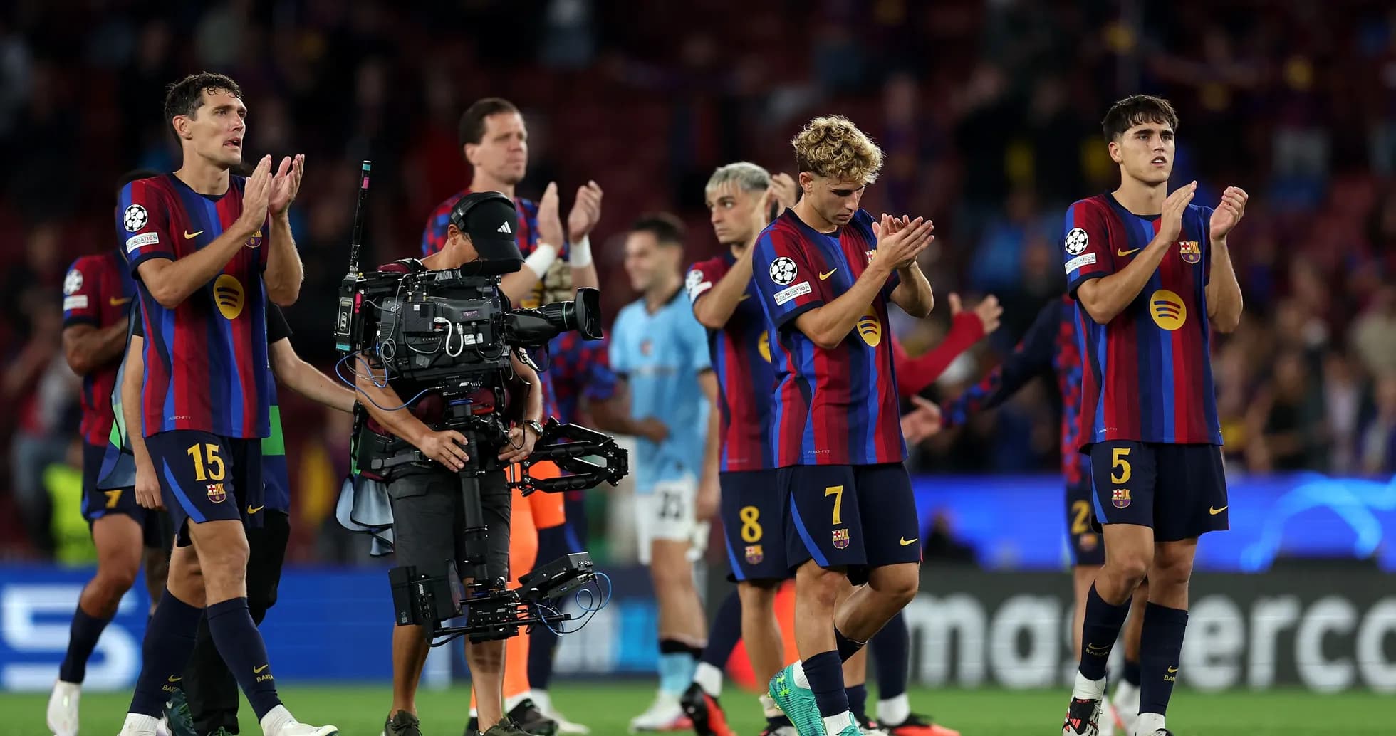 FC Barcelona players applauding fans after match FC Barcelona players applauding fans after match