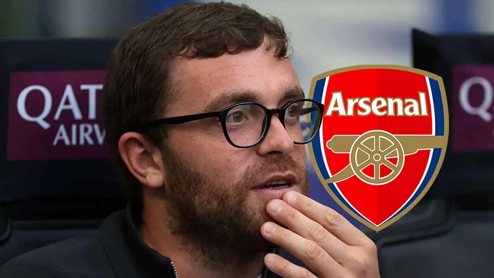 Person with glasses thinking in front of Arsenal logo Person with glasses thinking in front of Arsenal logo