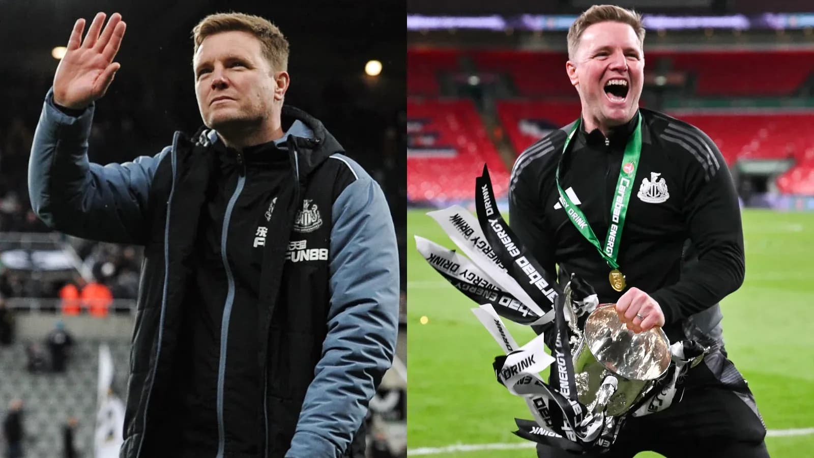 Newcastle manager celebrating and waving to fans Newcastle manager celebrating and waving to fans
