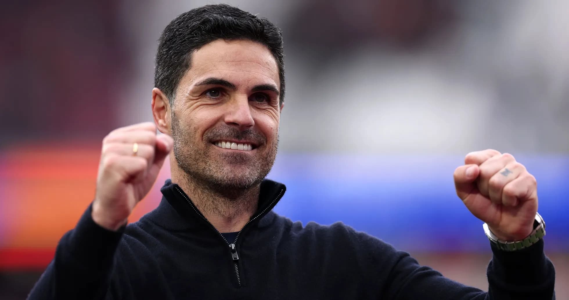 Manager celebrating with clenched fists and smile Manager celebrating with clenched fists and smile