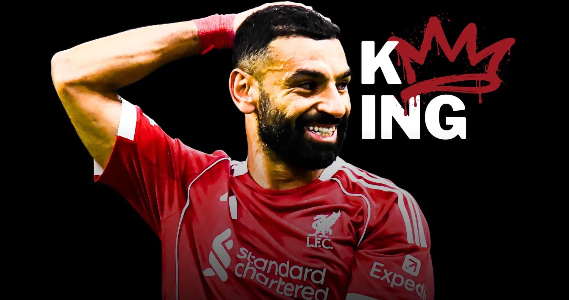 Player celebrating in Liverpool kit with text 'KING' Player celebrating in Liverpool kit with text 'KING'