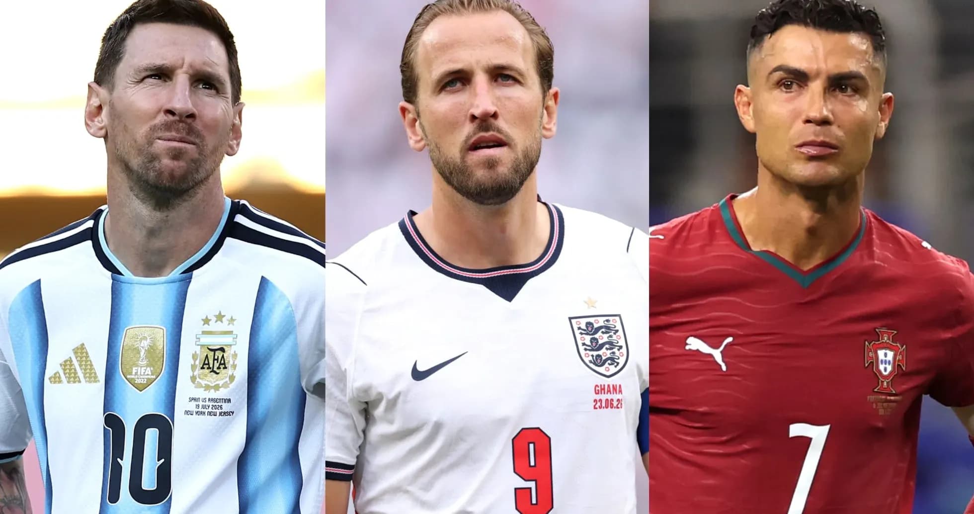 Lionel Messi, Harry Kane, and Cristiano Ronaldo posing Lionel Messi, Harry Kane, and Cristiano Ronaldo posing