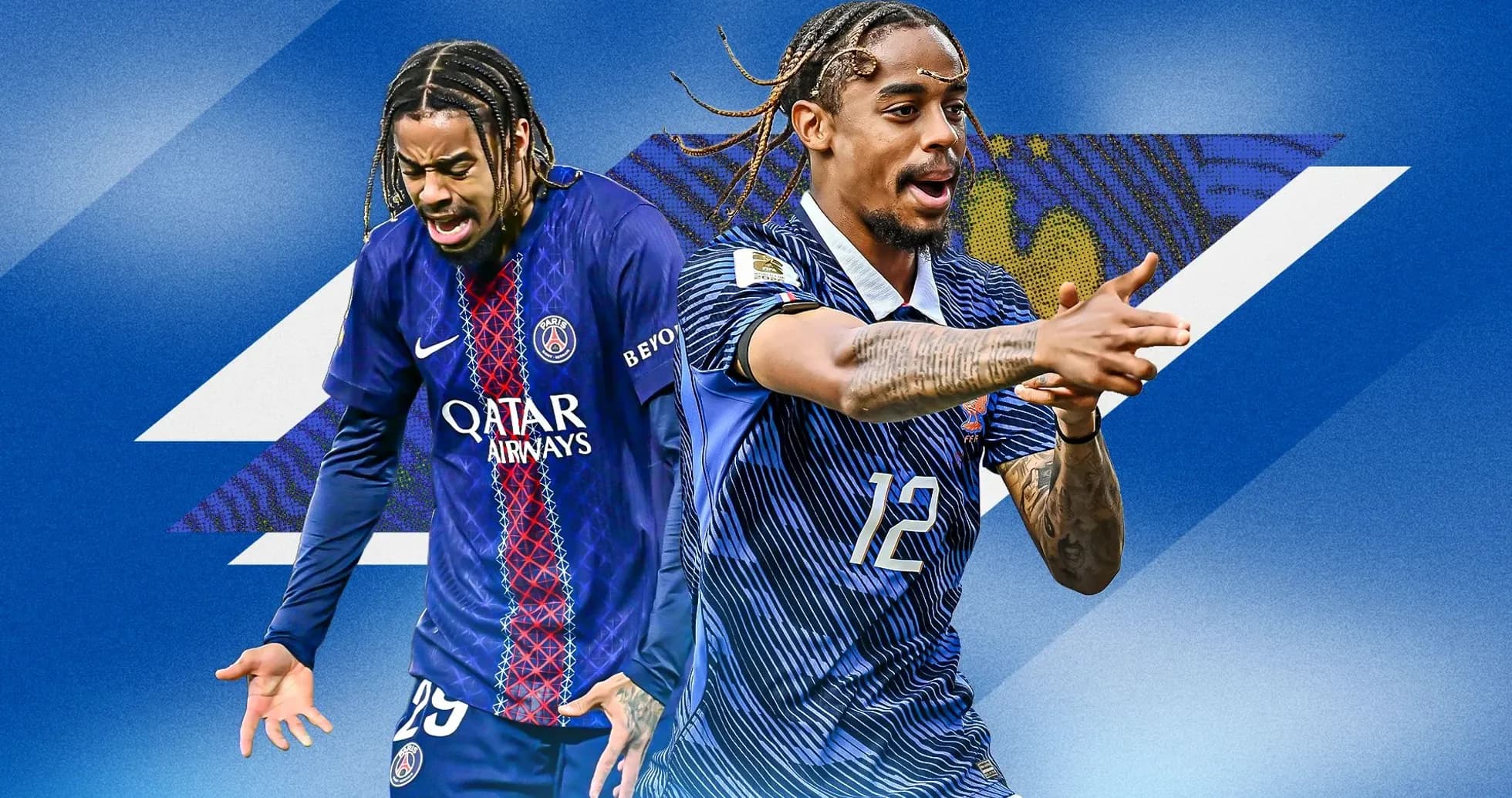 Two football players in different kits celebrating Two football players in different kits celebrating