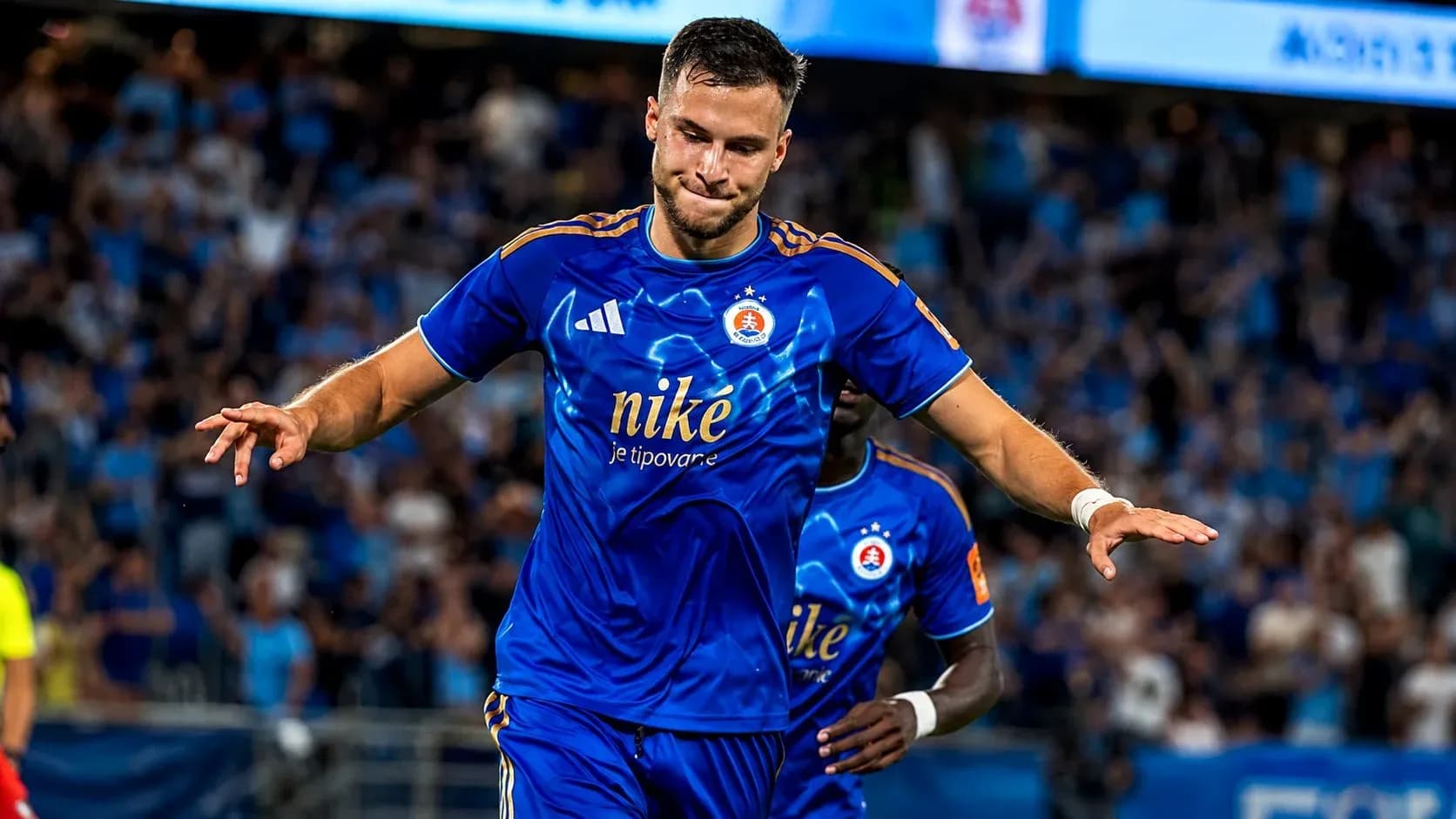 Player celebrating goal during UEFA Champions League match Player celebrating goal during UEFA Champions League match