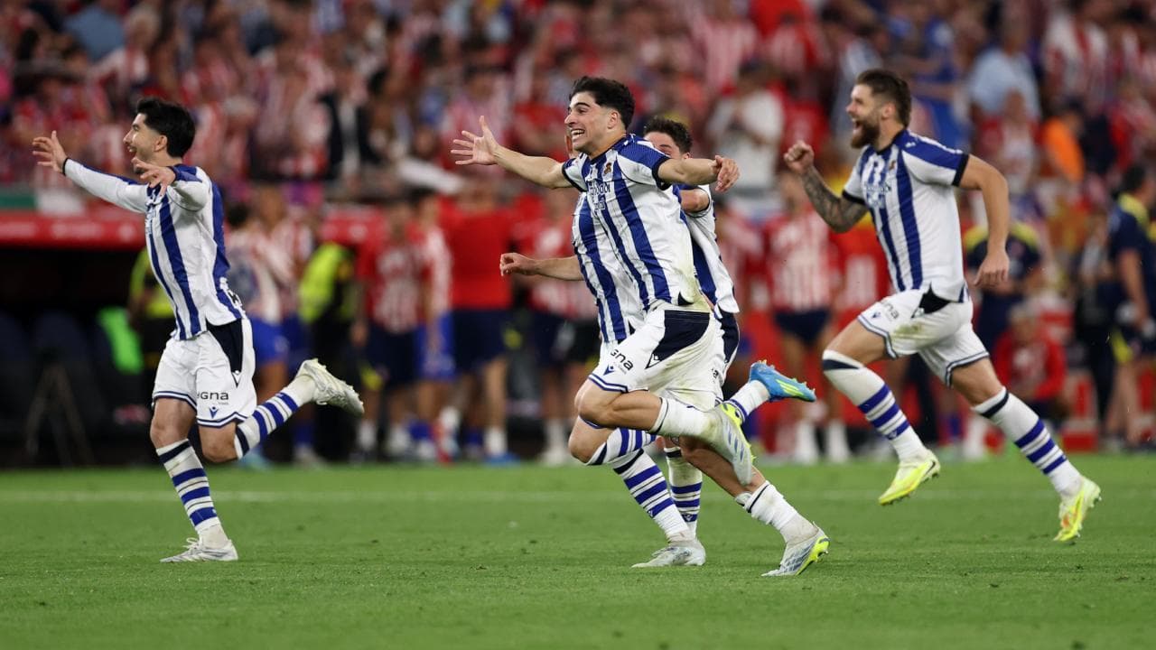 Real Sociedad players celebrating a goal Real Sociedad players celebrating a goal