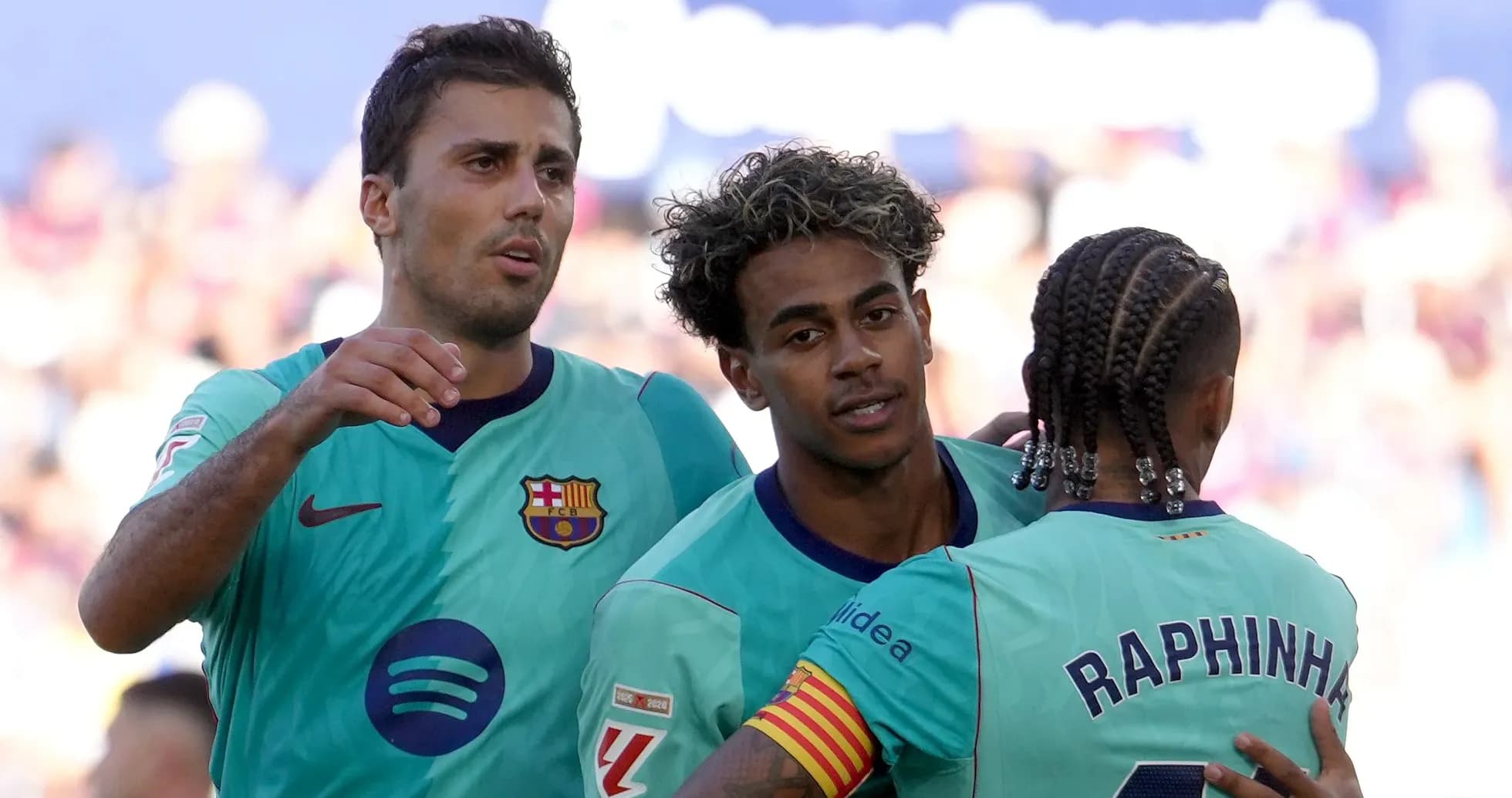 Barcelona players celebrating after a goal Barcelona players celebrating after a goal