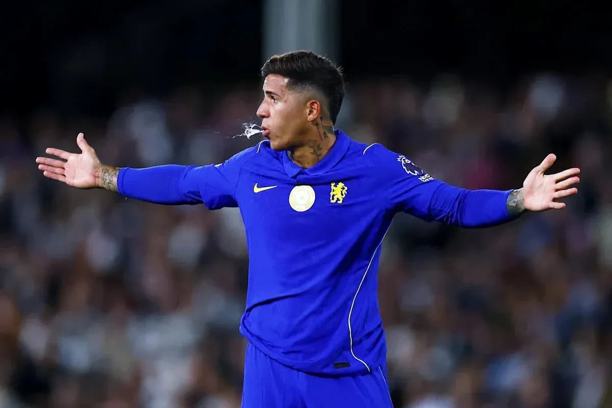 Player gesturing during match wearing Chelsea jersey Player gesturing during match wearing Chelsea jersey