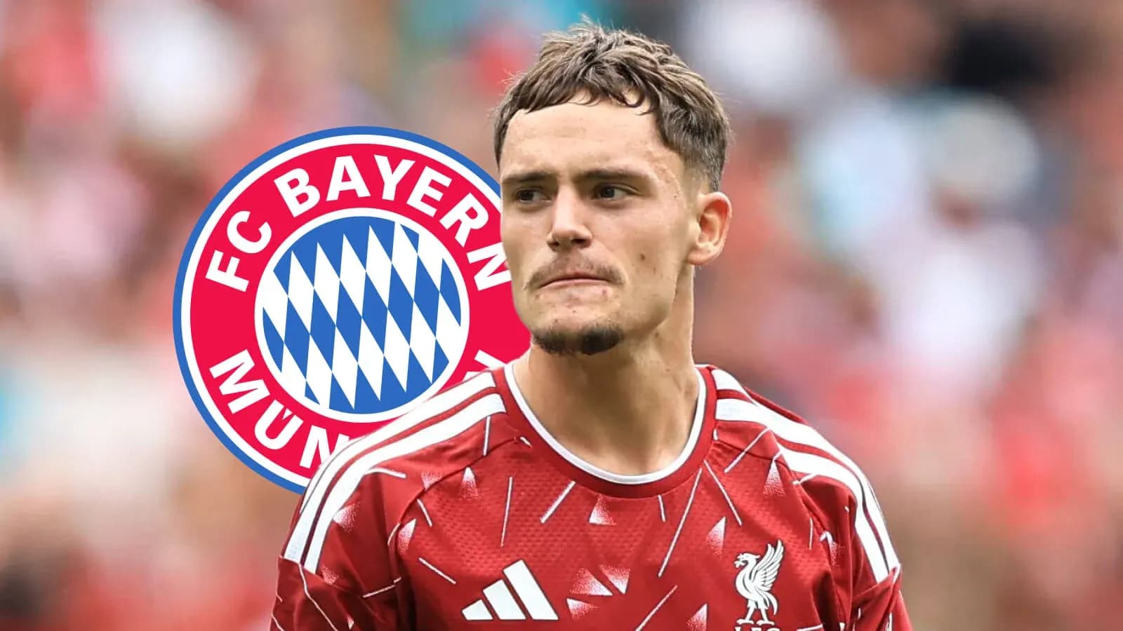 Player in Liverpool kit with Bayern Munich logo background Player in Liverpool kit with Bayern Munich logo background