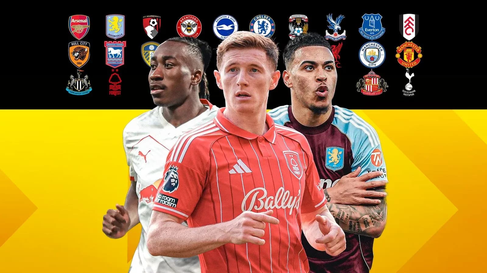 Three football players with club logos in background Three football players with club logos in background