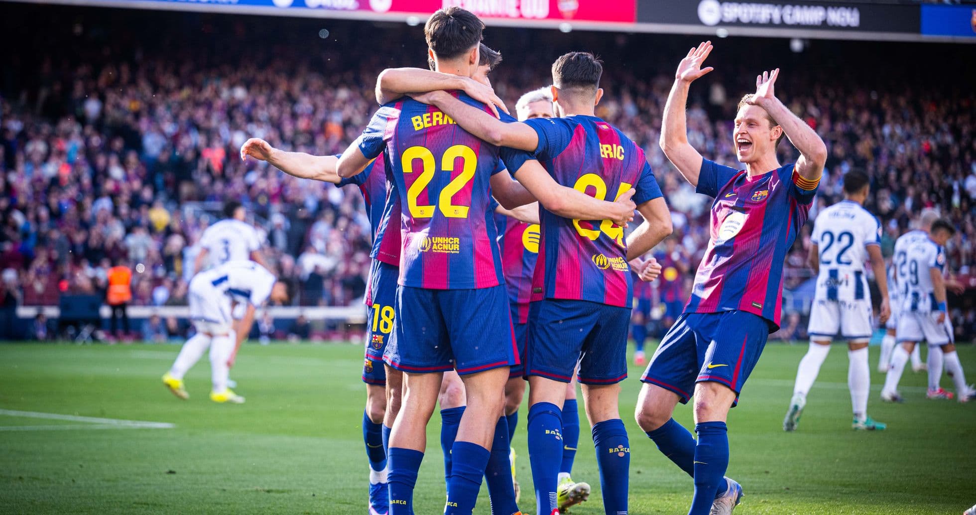 Barcelona players celebrating a goal against Levante Barcelona players celebrating a goal against Levante