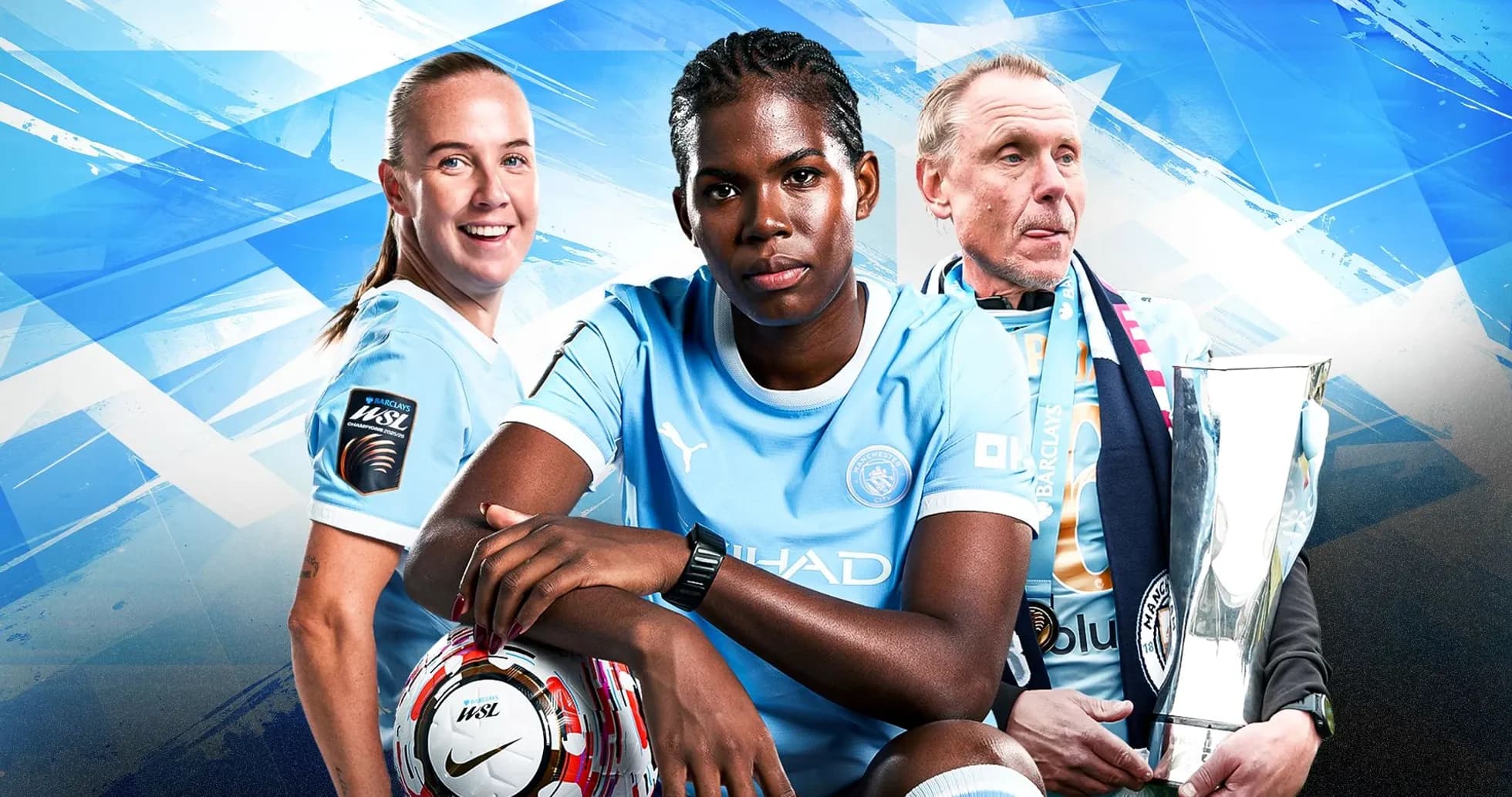Three Manchester City players posing with trophy Three Manchester City players posing with trophy