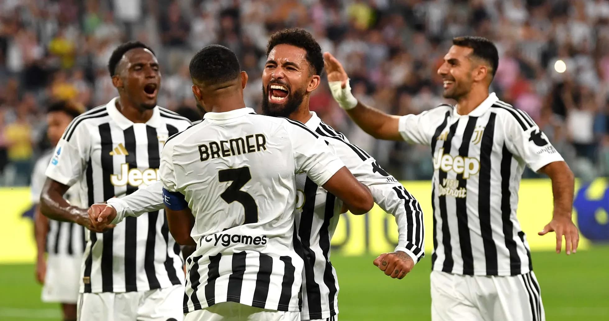 Juventus players celebrating a goal together Juventus players celebrating a goal together