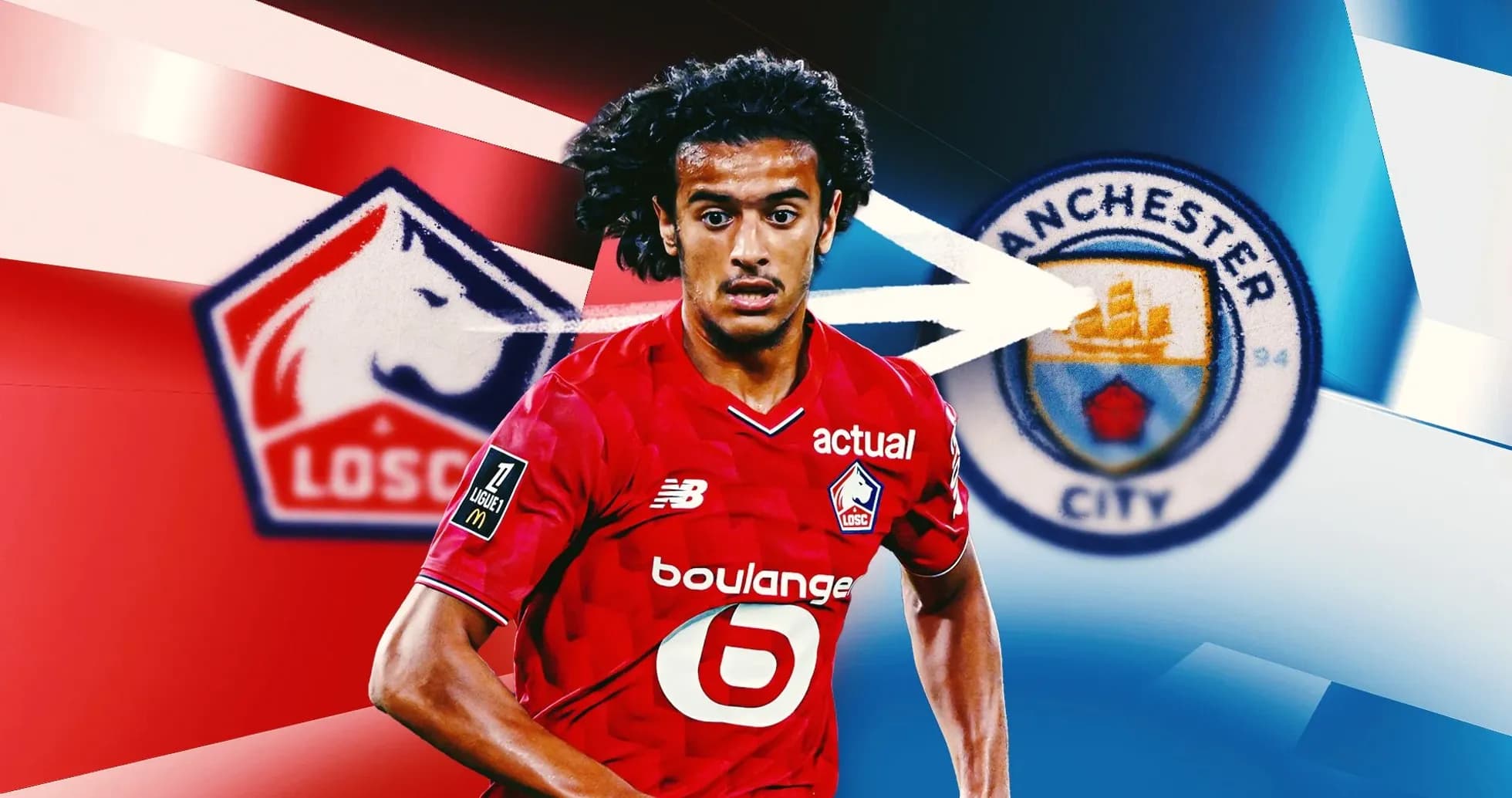 Player in LOSC jersey with Manchester City logo background Player in LOSC jersey with Manchester City logo background