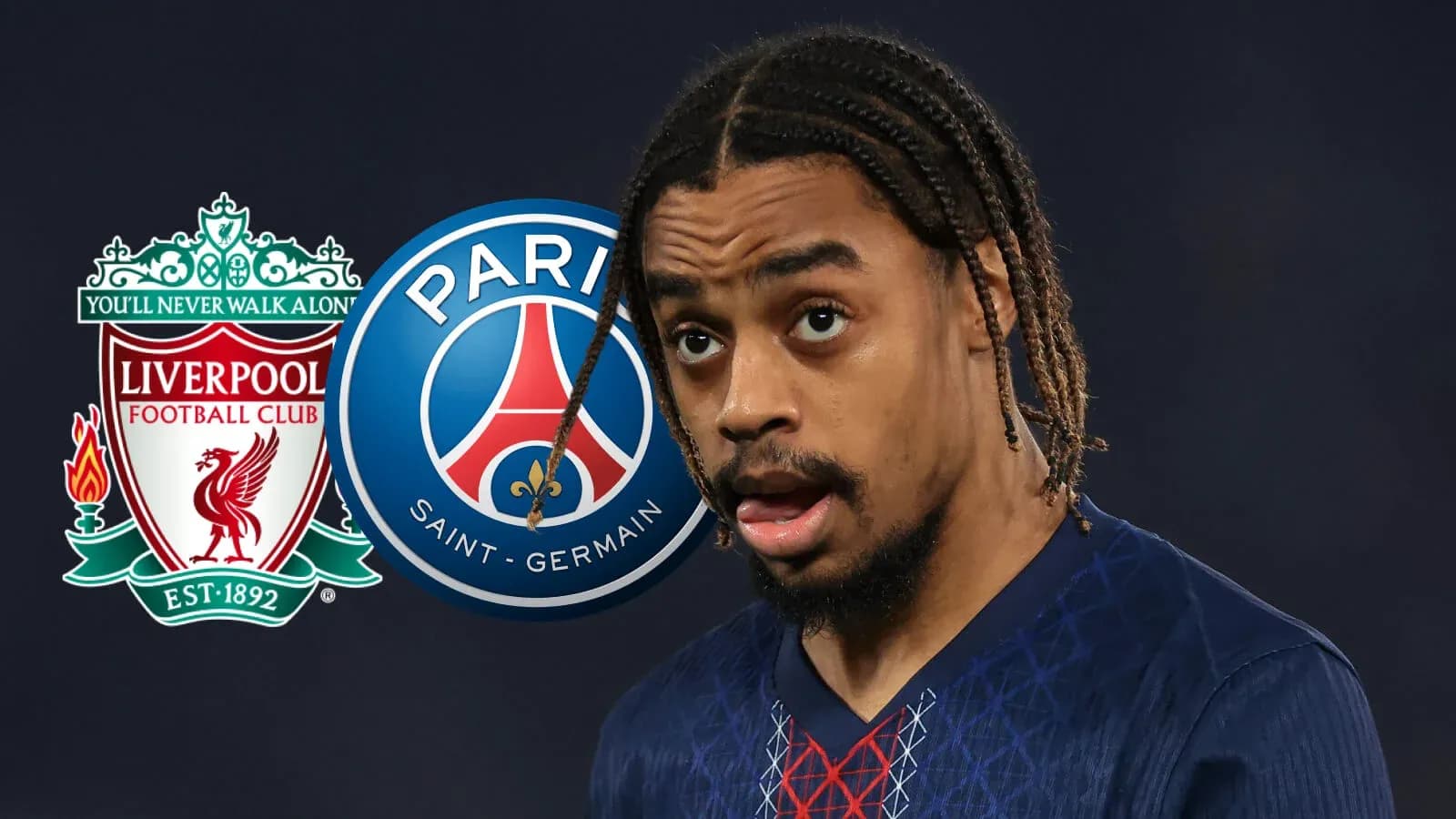 Player in PSG kit with club logos in background Player in PSG kit with club logos in background