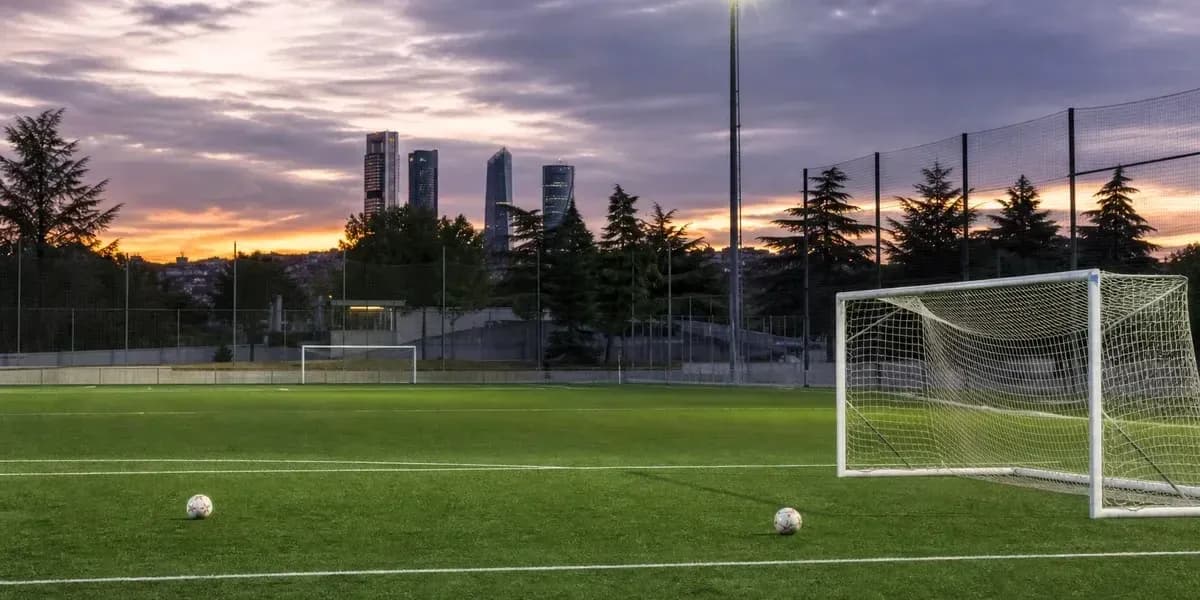 Soccer field with goal and city skyline at sunset Soccer field with goal and city skyline at sunset