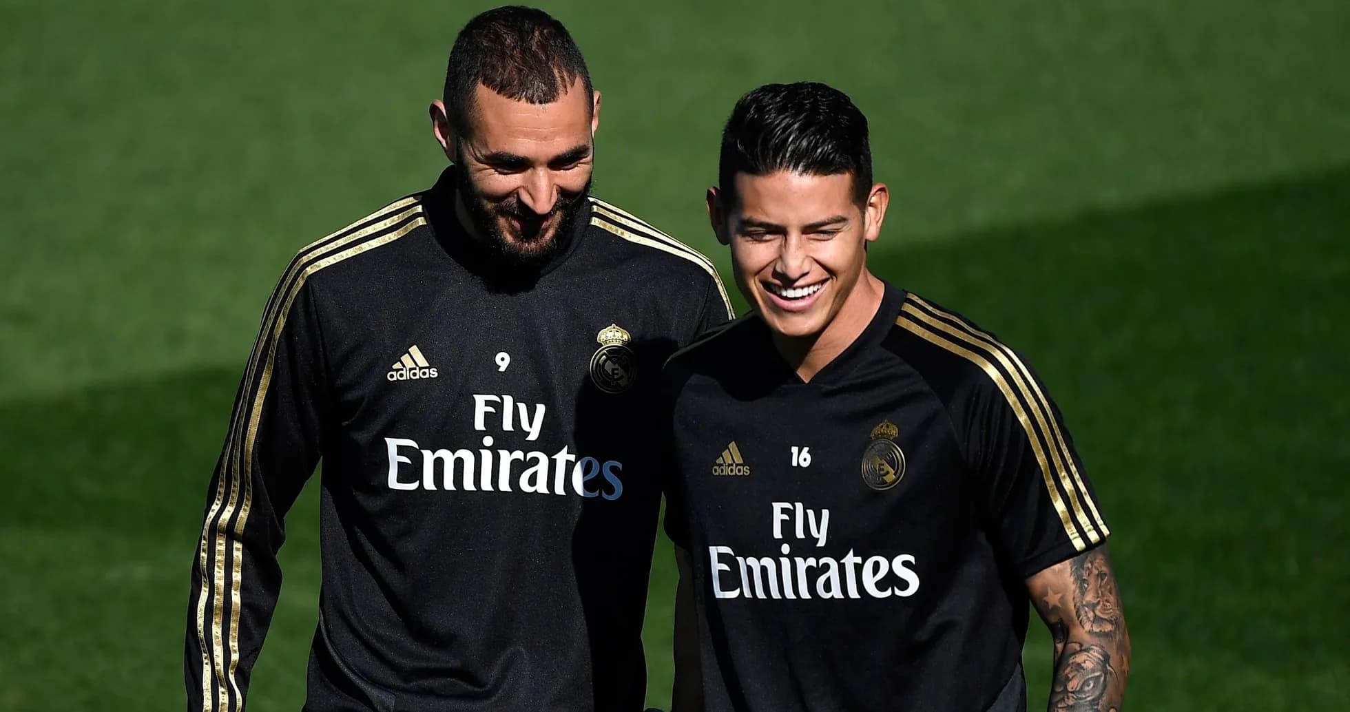 Two Real Madrid players smiling during training session Two Real Madrid players smiling during training session