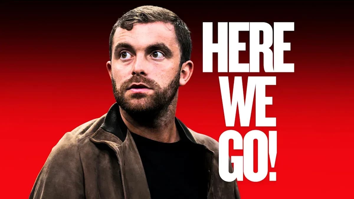 Man looking up with text 'HERE WE GO!' behind Man looking up with text 'HERE WE GO!' behind
