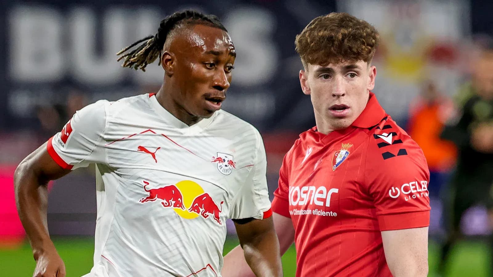 Two players competing during a football match Two players competing during a football match