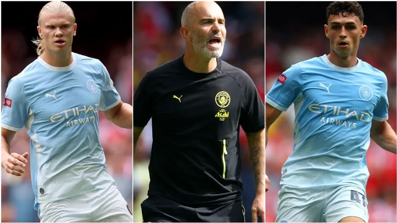 Manchester City players and coach during match Manchester City players and coach during match