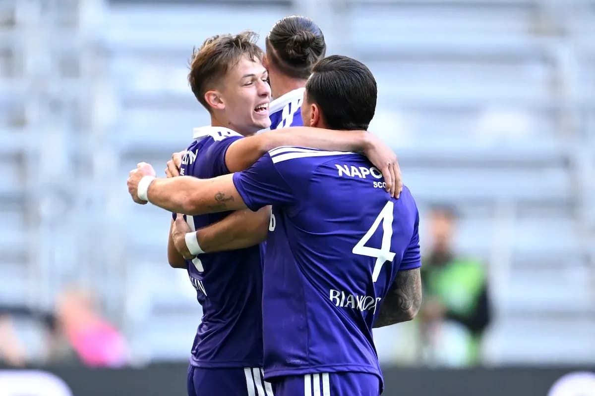 Anderlecht players celebrating a goal during match Anderlecht players celebrating a goal during match