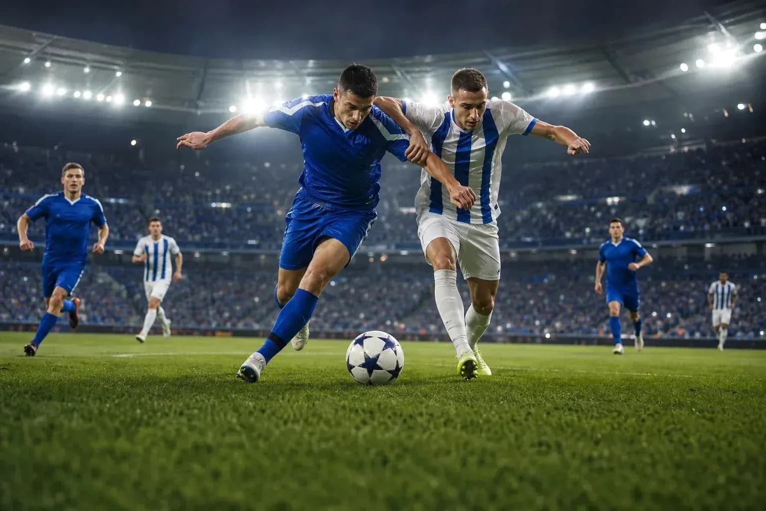 Two players competing for the ball in Champions League Two players competing for the ball in Champions League