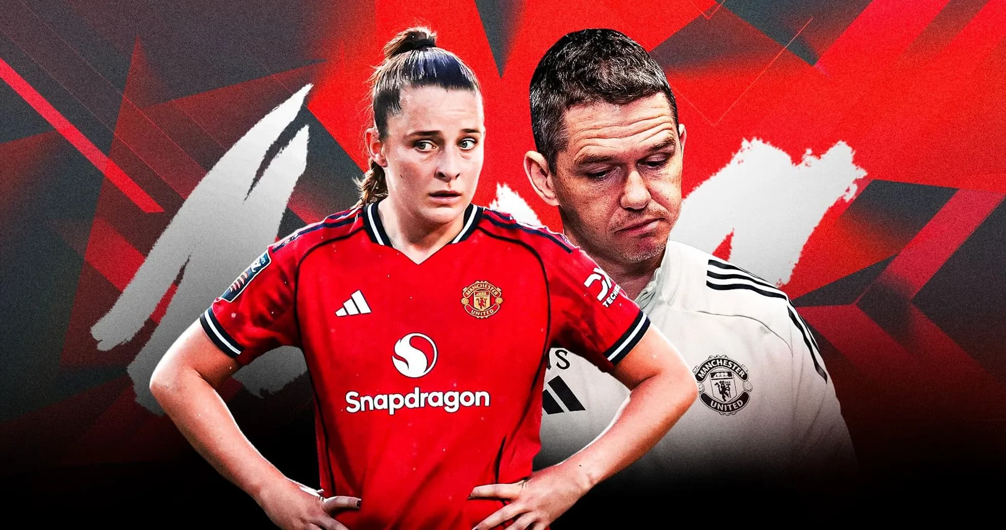 Manchester United player and coach against red background Manchester United player and coach against red background