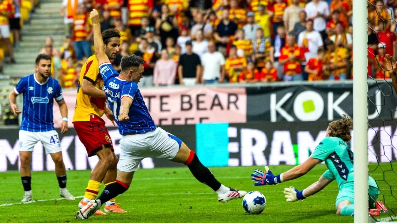 Player scoring during Jagiellonia vs Rangers match Player scoring during Jagiellonia vs Rangers match