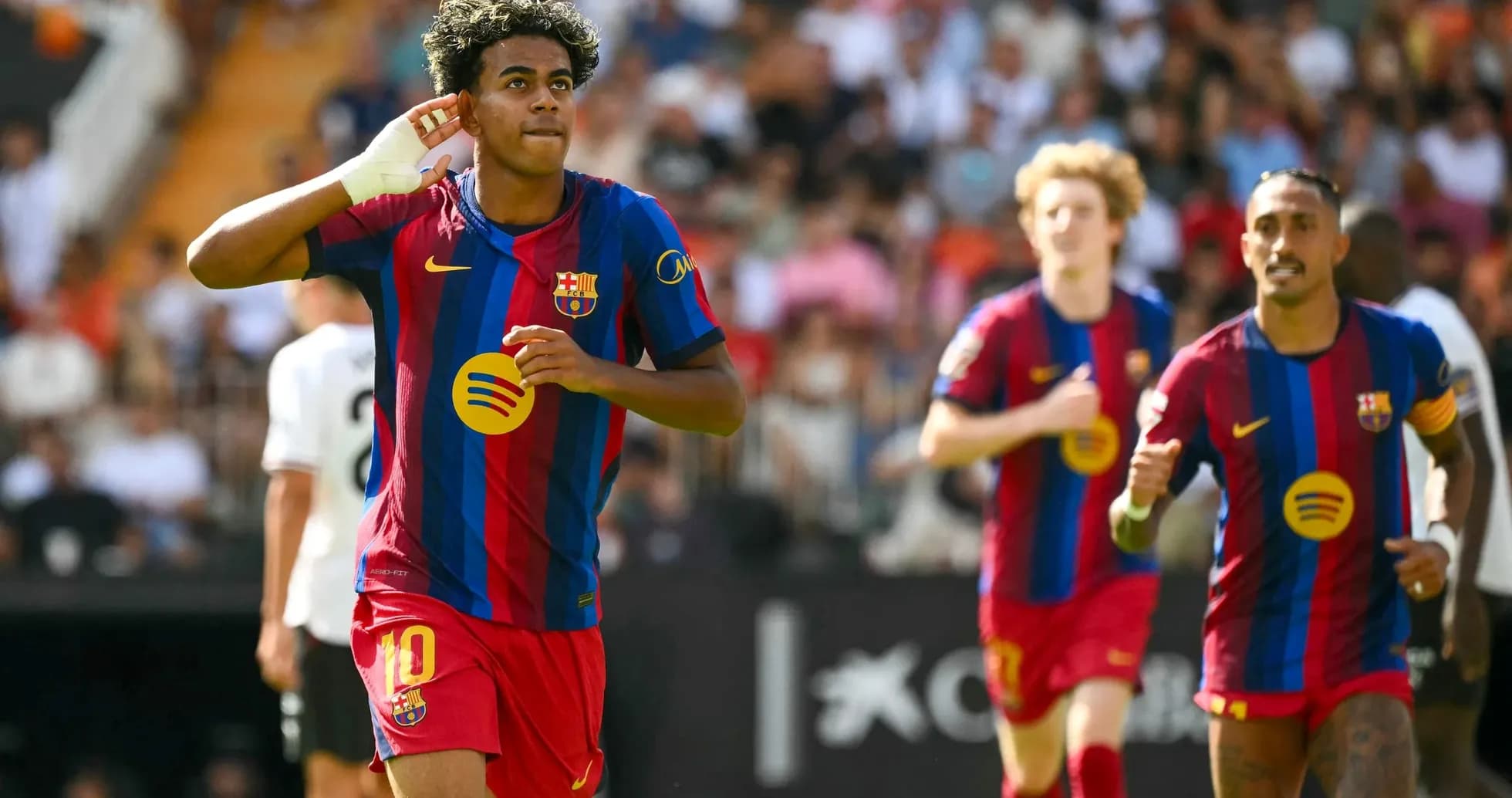 Barcelona players celebrating a goal in La Liga Barcelona players celebrating a goal in La Liga
