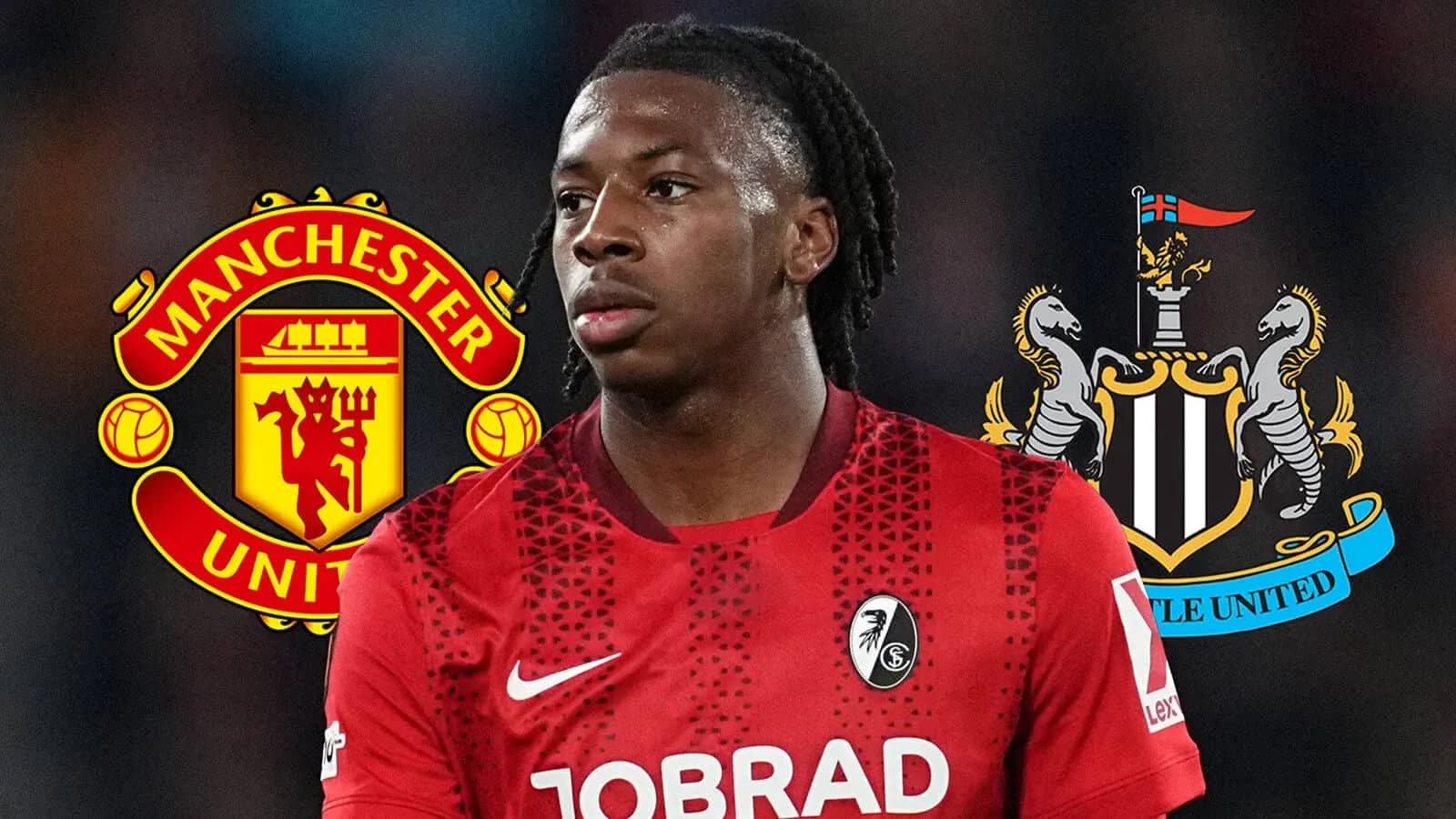 Player in red jersey with Manchester United and Newcastle logos Player in red jersey with Manchester United and Newcastle logos
