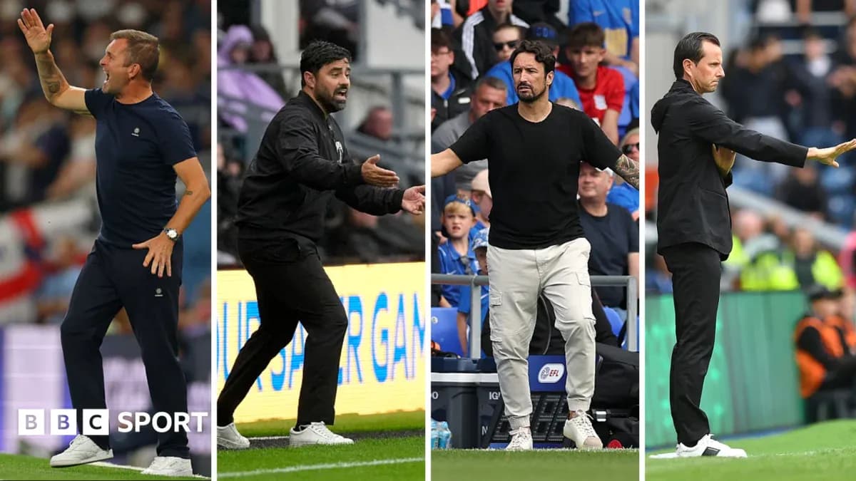 Four football managers giving instructions during matches Four football managers giving instructions during matches