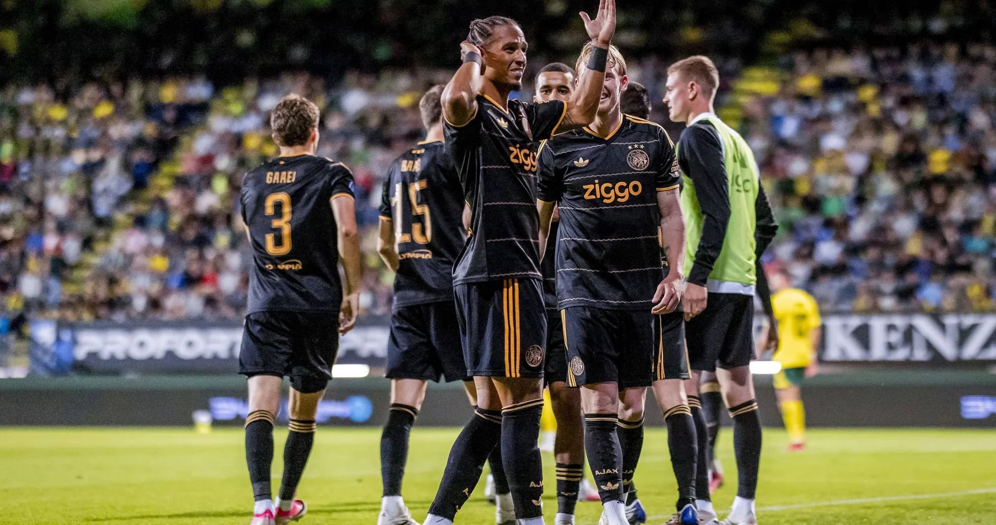 Ajax players celebrating a goal during match Ajax players celebrating a goal during match