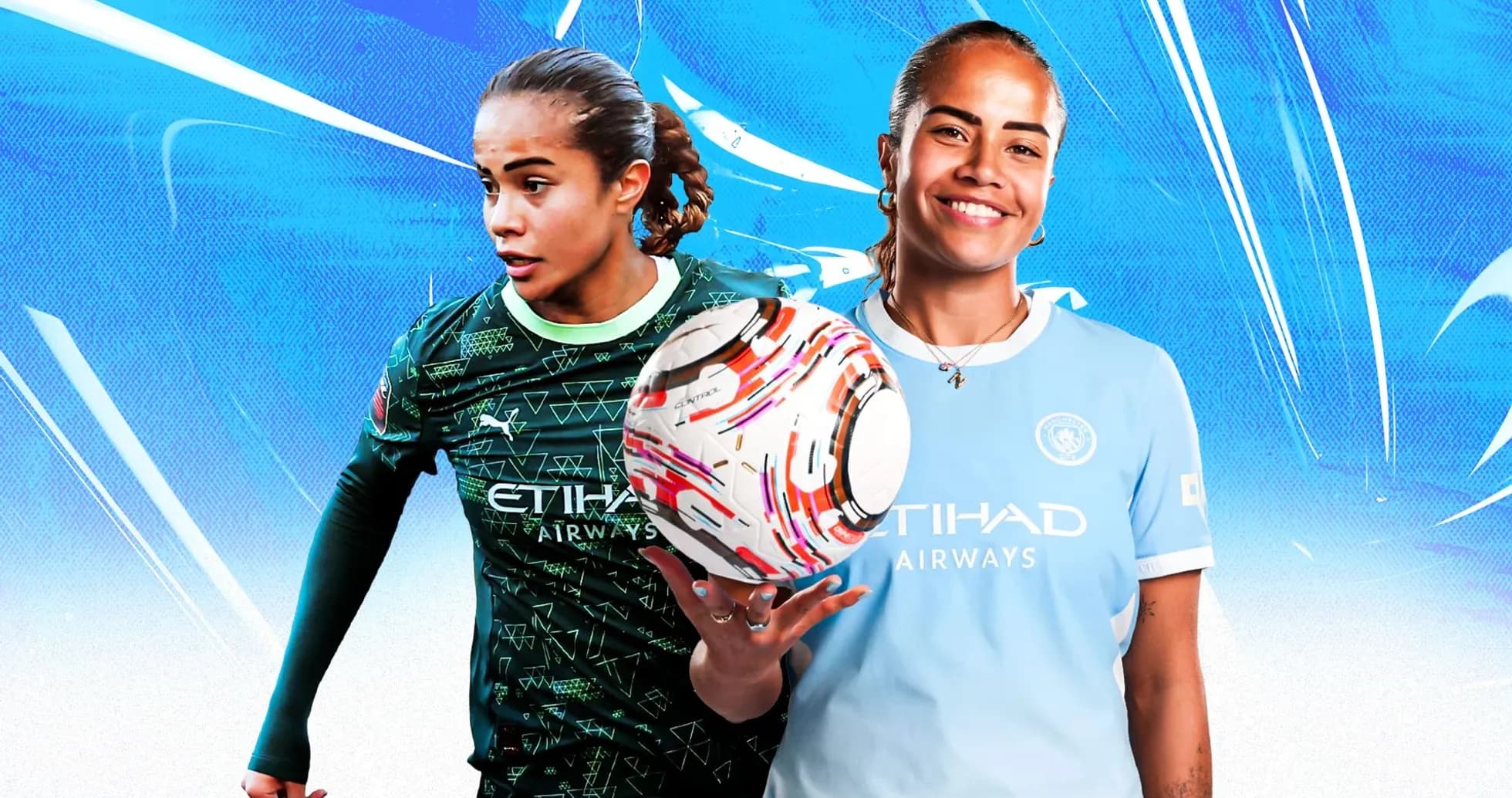 Two female soccer players in different kits holding a ball Two female soccer players in different kits holding a ball