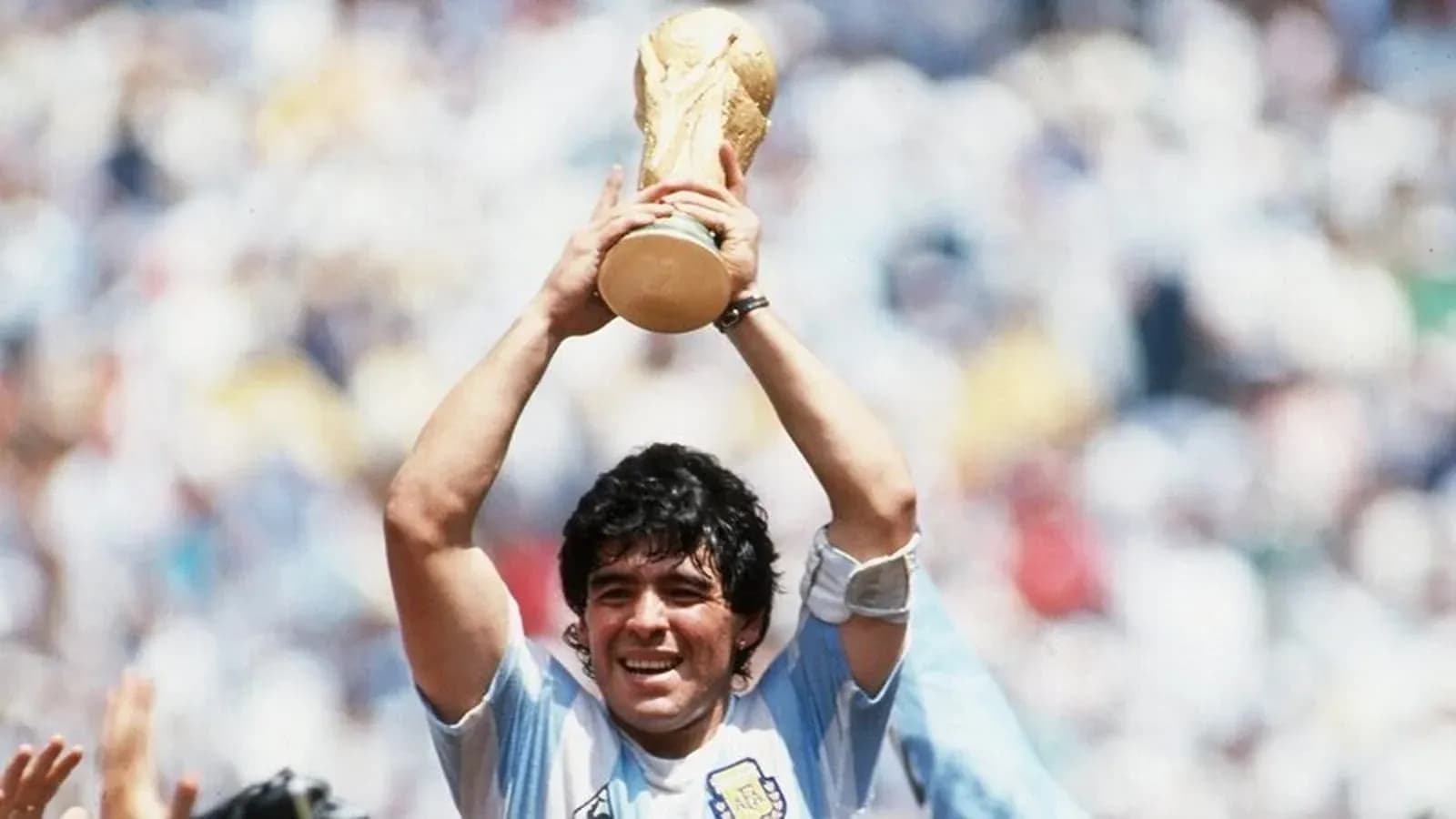 Player celebrating with World Cup trophy in stadium Player celebrating with World Cup trophy in stadium