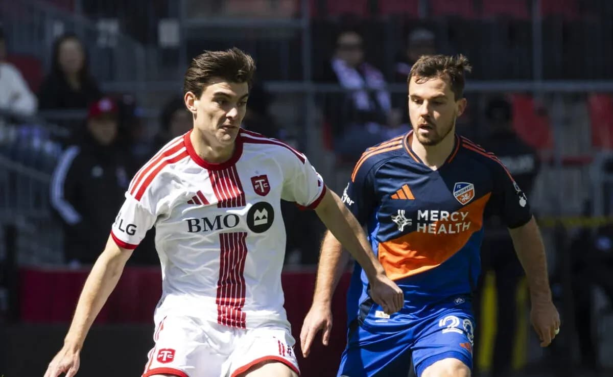 Toronto II player dribbling past FC Cincinnati II opponent Toronto II player dribbling past FC Cincinnati II opponent