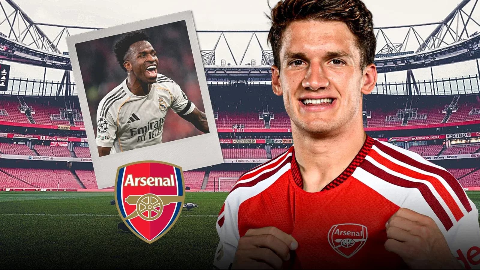 Two players with Arsenal branding and stadium background Two players with Arsenal branding and stadium background