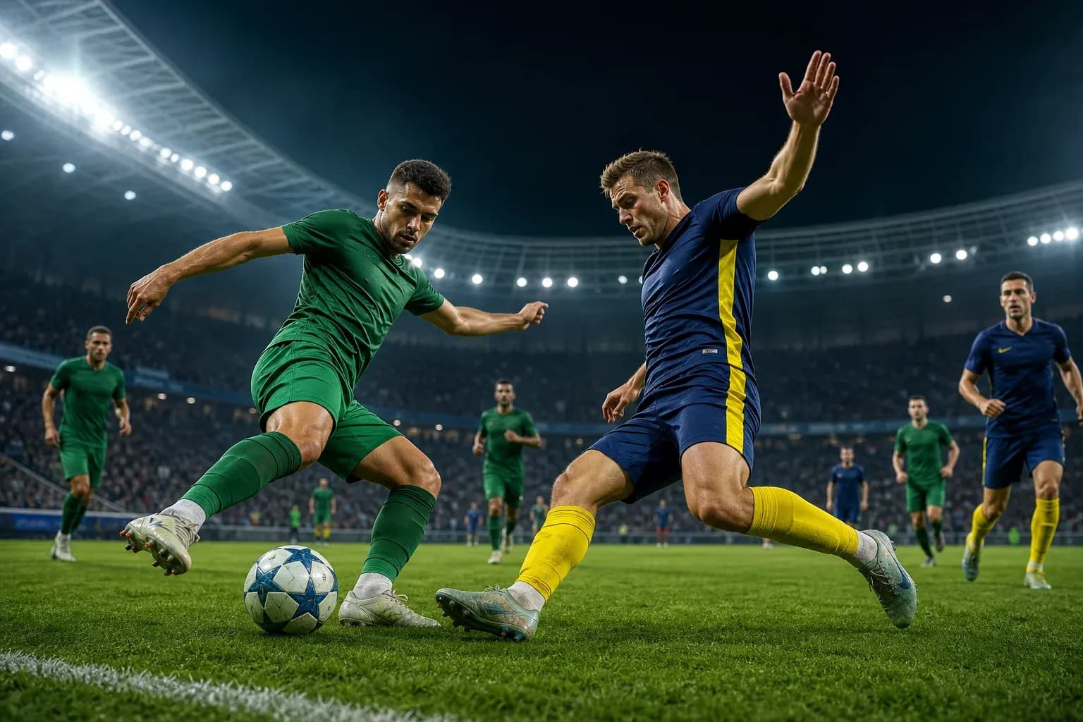 Two players competing for the ball in match Two players competing for the ball in match