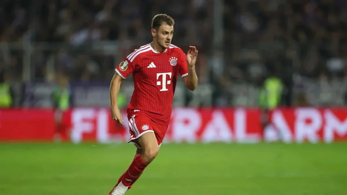 Player running in Bayern Munich red kit during match Player running in Bayern Munich red kit during match