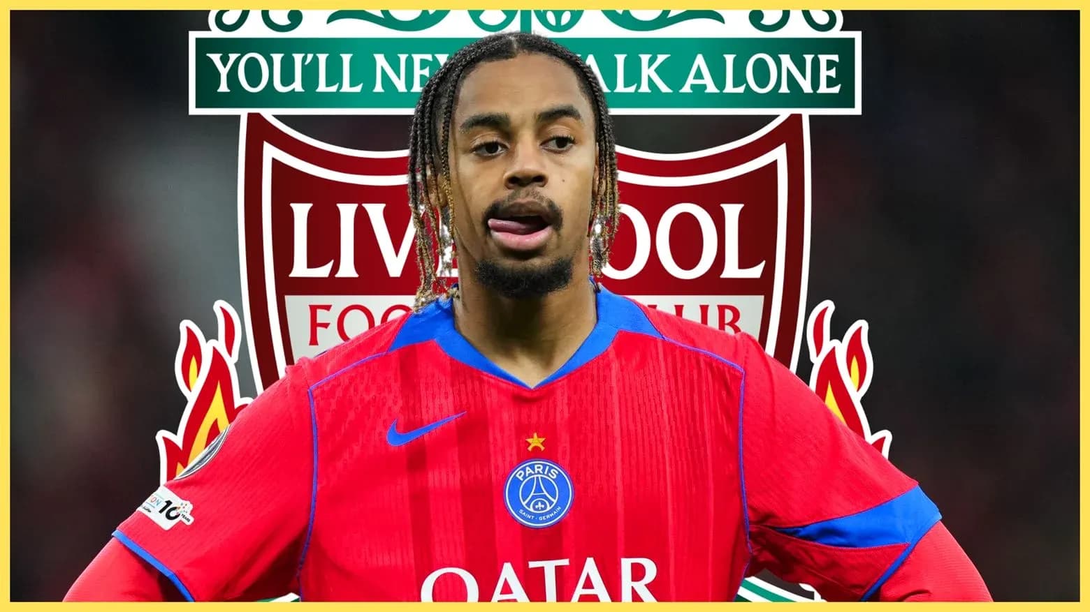 Player in PSG kit with Liverpool logo background Player in PSG kit with Liverpool logo background