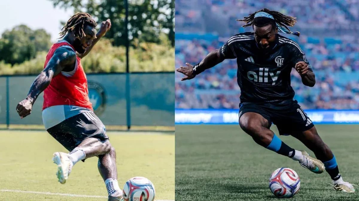 Player practicing kick on training field and during match Player practicing kick on training field and during match