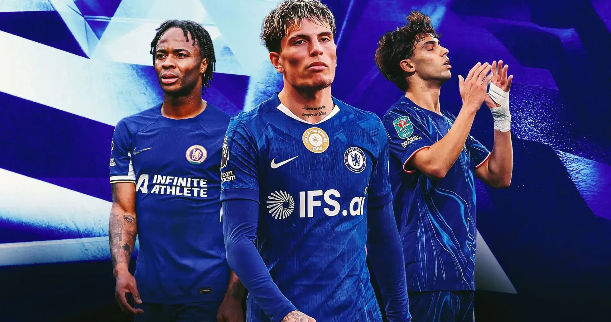 Three Chelsea players posing in blue kits Three Chelsea players posing in blue kits