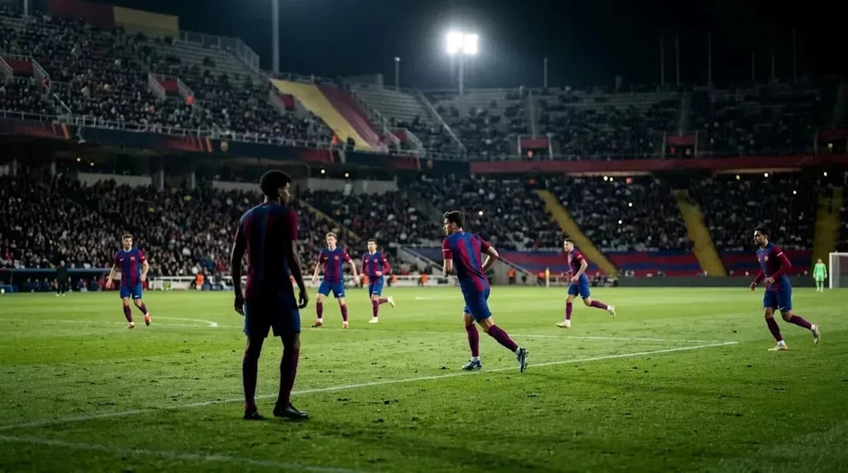Barcelona players in action during a night match Barcelona players in action during a night match